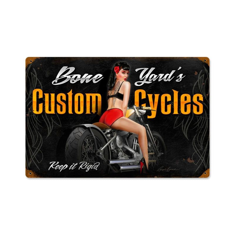 Bone Yard's Custom Cycles, Motorcycle Pin Up Metal Sign by Ralph Burch