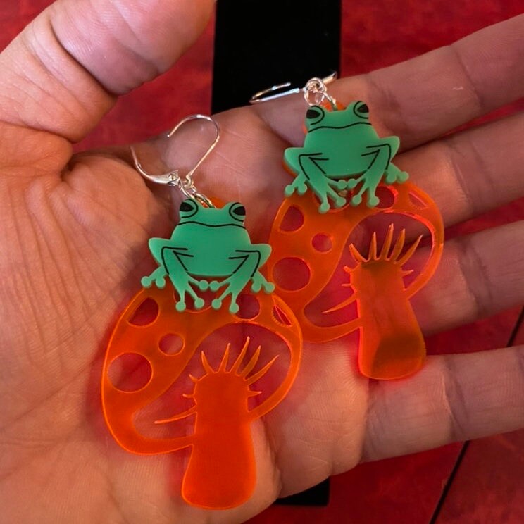 Toad-ally Fun-gi, Frog Muchroom Dangle Drop Earrings, Laser Cut Acrylic