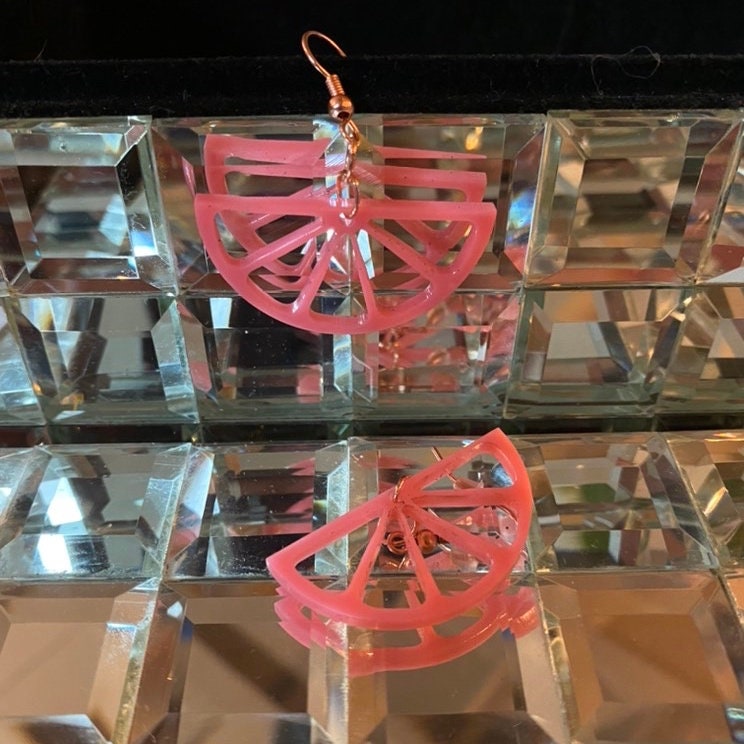 Grapefruit Wedge Citrus Pink Acrylic Dangle Earring