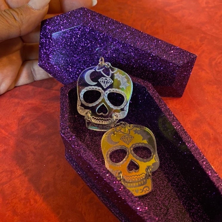 Sugar Skull Skeleton Spooky Halloween Holographic Acrylic Dangle Drop Earrings