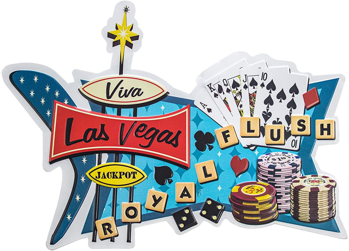 Viva Las Vegas Sin City Winner Royal Flush Embossed Metal Sign, Gambler, Casino Poker Room Man Cave Decor