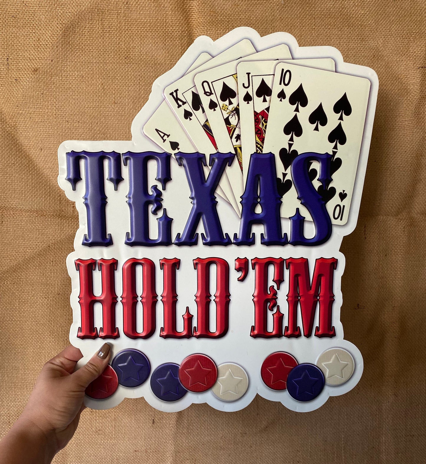 Texas Hold 'Em Embossed Metal Sign, Gambler, Casino Poker Room Man Cave Decor