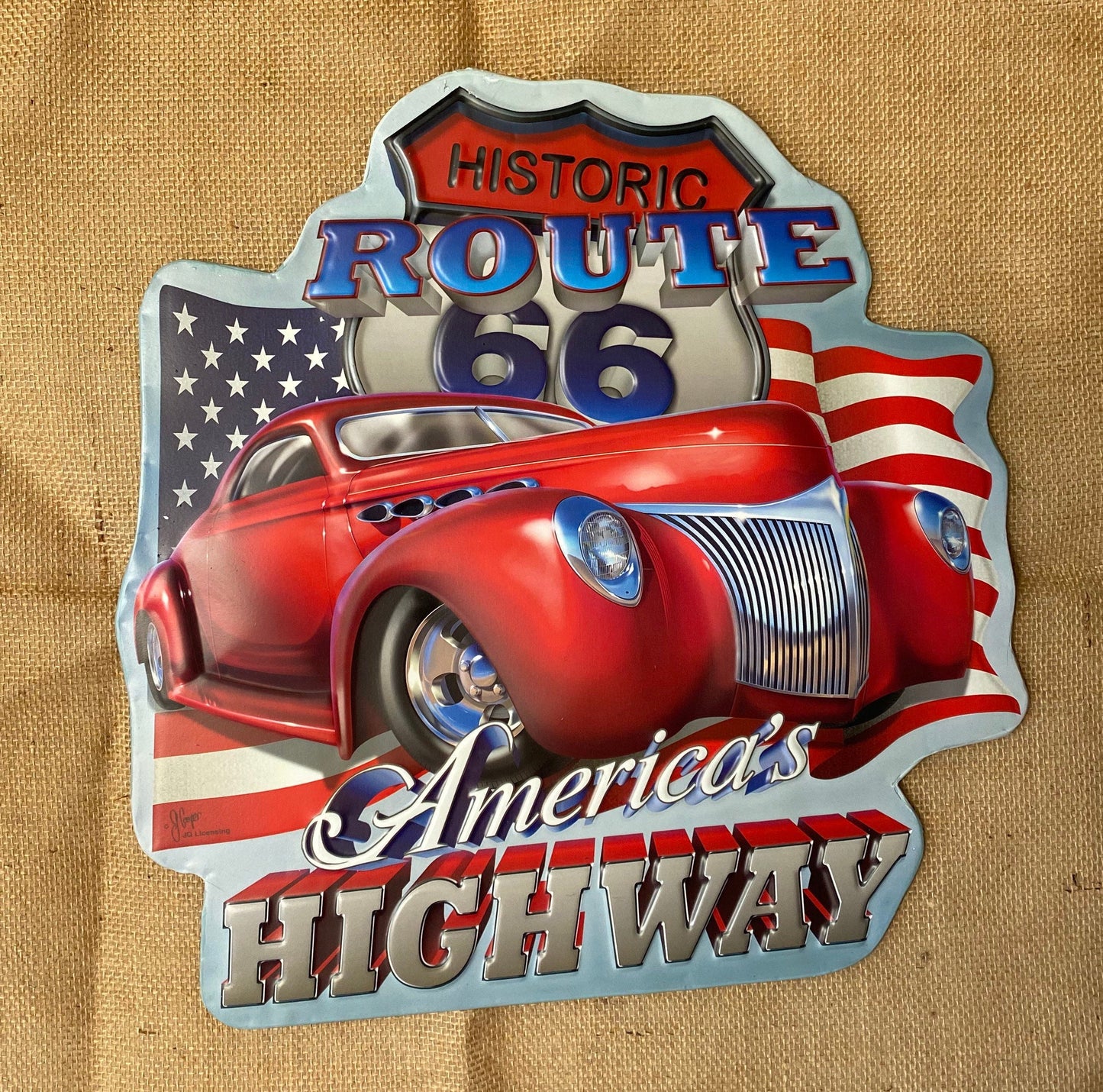 Historic Route 66 America’s Highway Embossed Metal Sign, Man Cave Decor