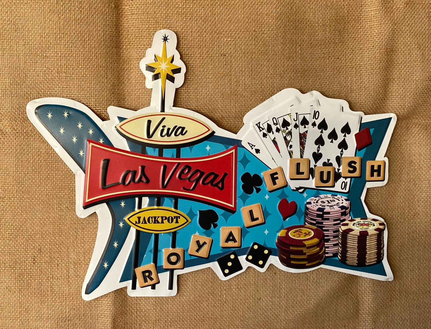 Viva Las Vegas Sin City Winner Royal Flush Embossed Metal Sign, Gambler, Casino Poker Room Man Cave Decor