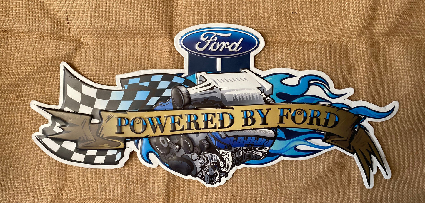 Powered by Ford Engine Banner Embossed Metal Sign, Automotive Classic Car Man Cave Decor