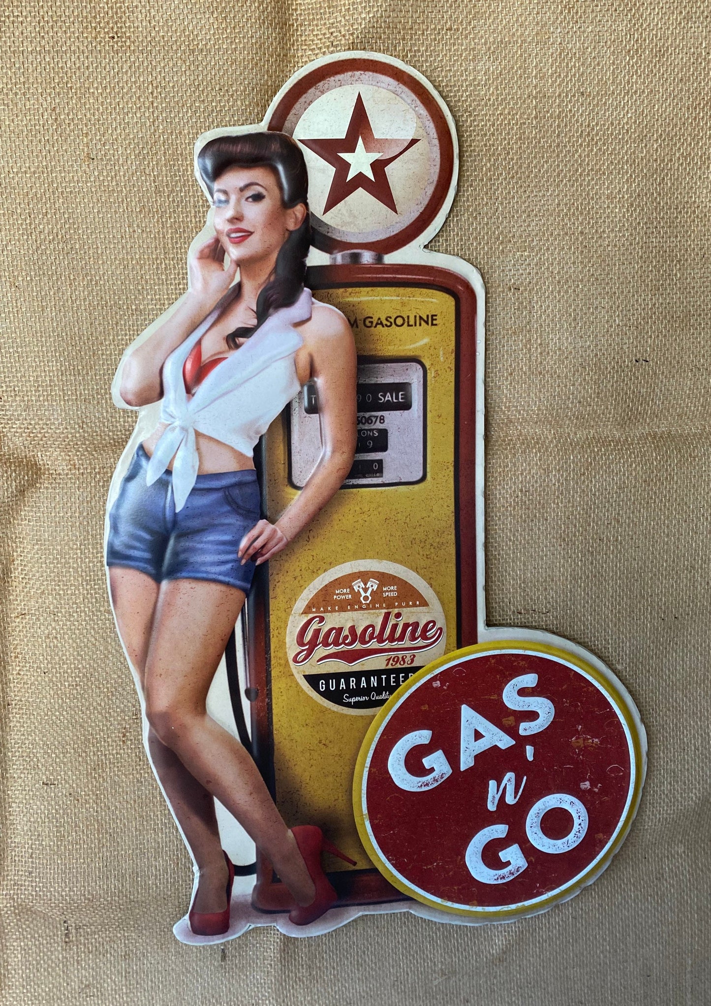 Gas N’ Go Pin Up with Gasoline Pump Embossed Metal Sign, Automotive Classic Car Man Cave Decor