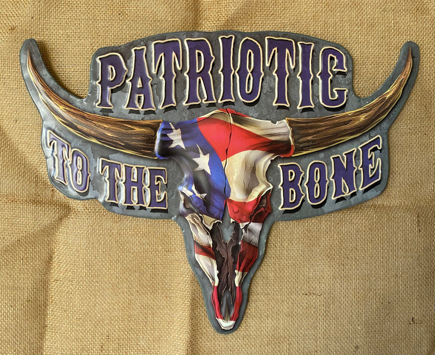 Patriotic To The Bone Steer Skull with American Flag Embossed Metal Sign, Man Cave Decor