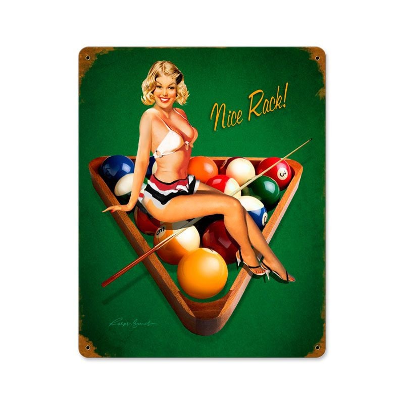 Nice Rack, Billiards Pin Up Metal Sign by Ralph Burch