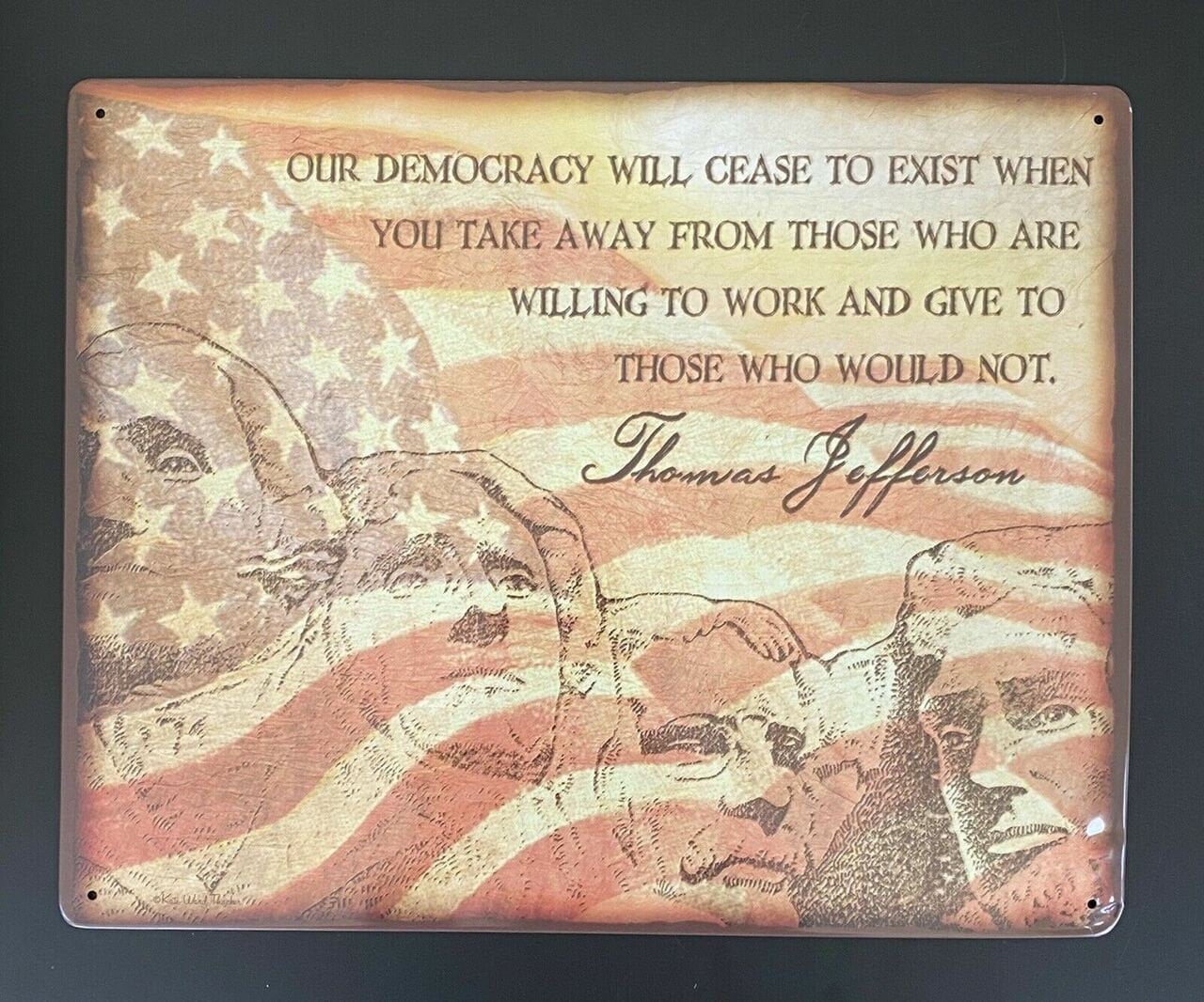 Thomas Jefferson Democracy Quote, Patriotic American Flag Metal Sign