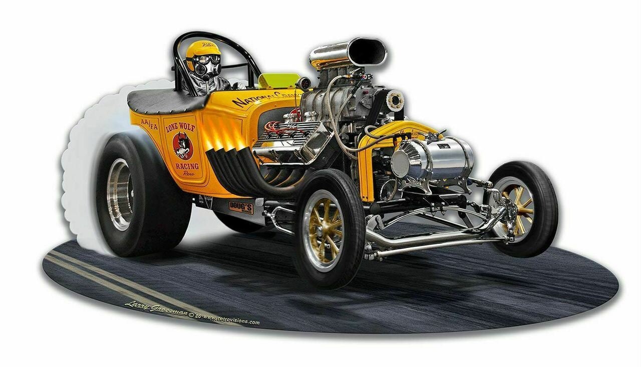 1923 Lone Wolf Racing Yellow T-Bucket Fuel Altered Racer Metal Sign
