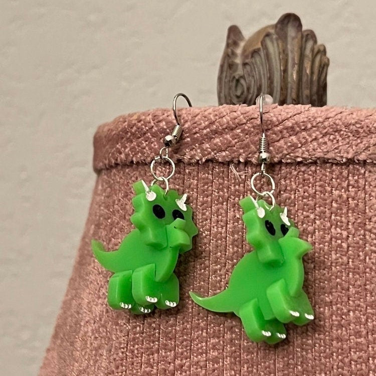 Triceratops Dinosaur Acrylic 3D Dangle Earring, Dino