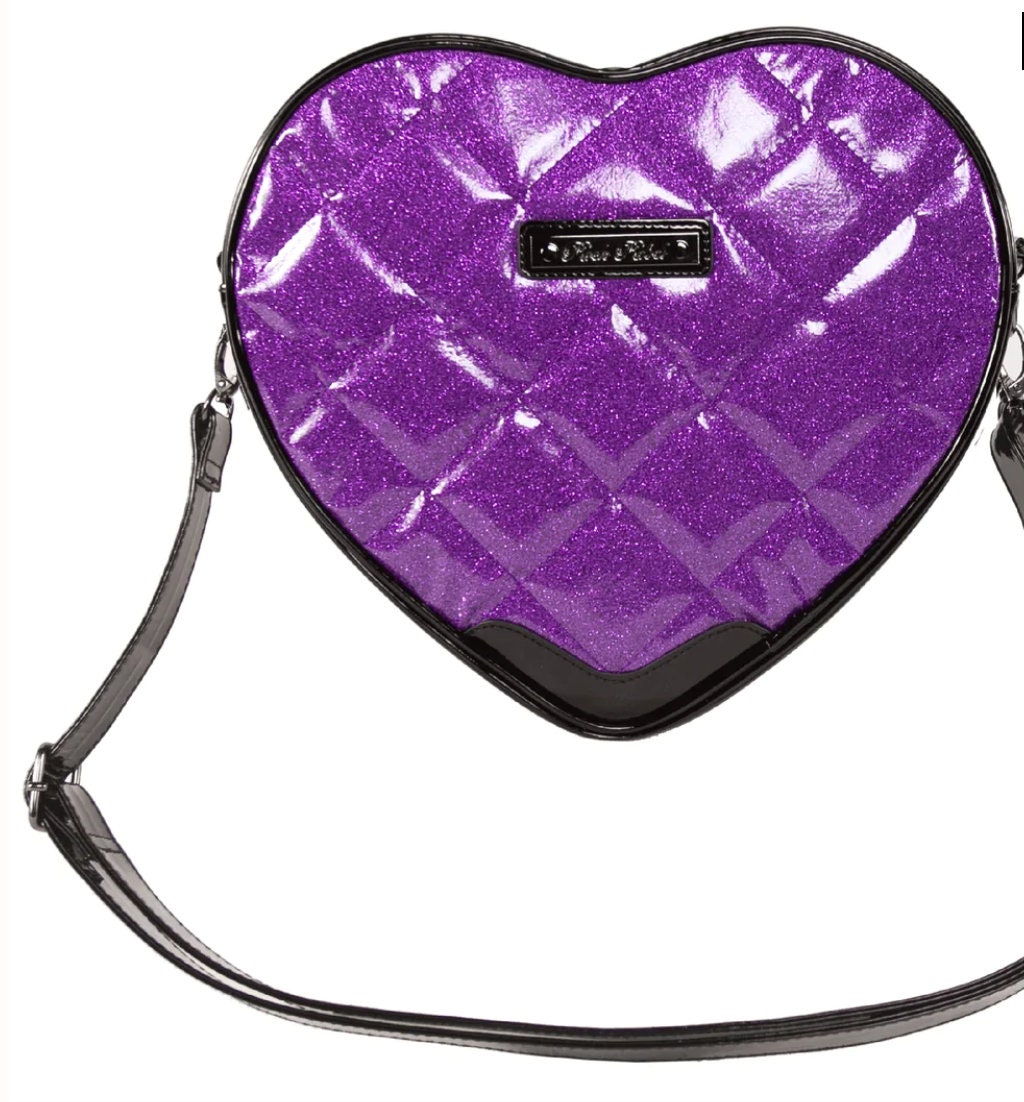 Purple Glitter Quilted Bats Stud Heart Shaped Zip Shoulder Bag