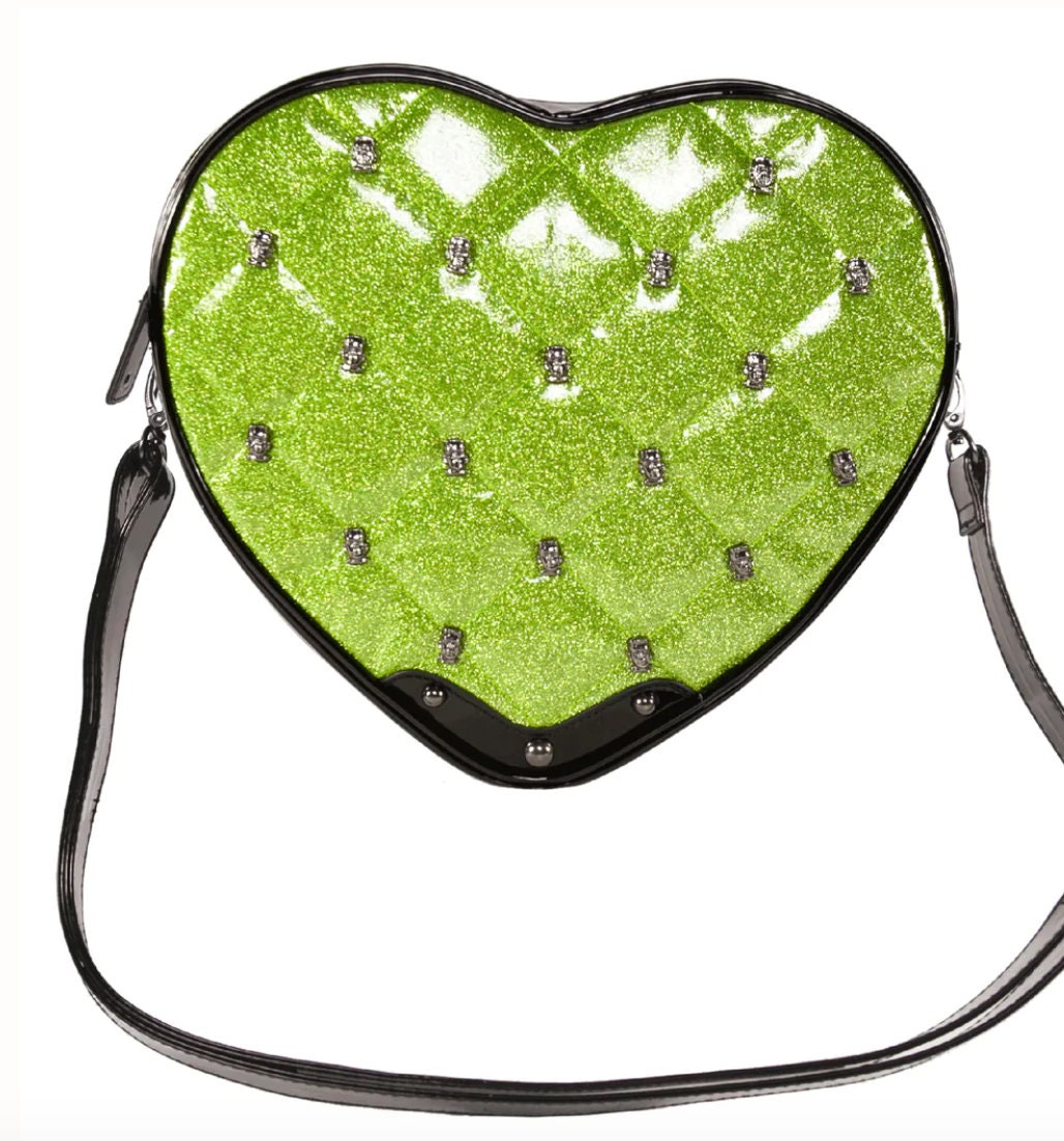 Green Glitter Quilted Frankenstein Stud Heart Shaped Zip Shoulder Bag