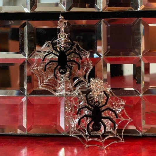 Spooky Spider with Web, Holiday Earrings, Halloween Acrylic Earrings