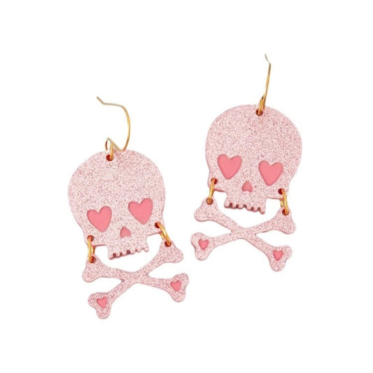 Sparkly Pink Heart Skull, Skeleton, Holiday Earrings, Halloween Acrylic Earrings