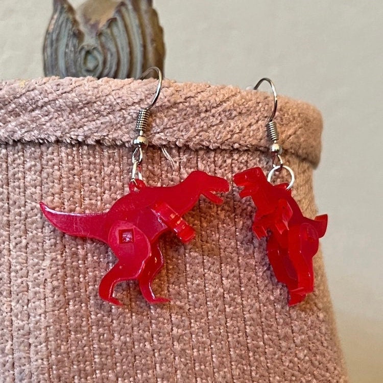 Red T-Rex Dinosaur Acrylic 3D Dangle Earring, Dino Tyrannosaurus