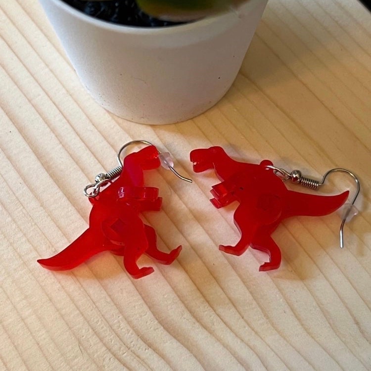 Red T-Rex Dinosaur Acrylic 3D Dangle Earring, Dino Tyrannosaurus