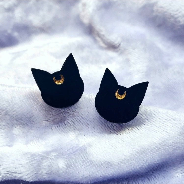 Black Cat with Moon, Luna, Sailor Moon, Holiday Earrings, Halloween Acrylic Earrings