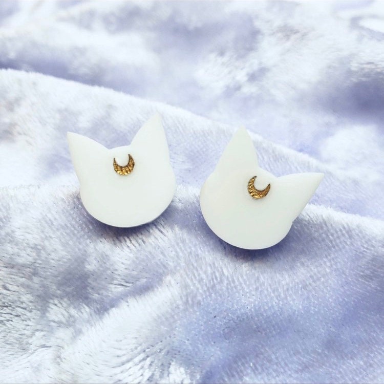 White Cat with Moon, Artemis, Sailor Moon, Holiday Earrings, Halloween Acrylic Earrings