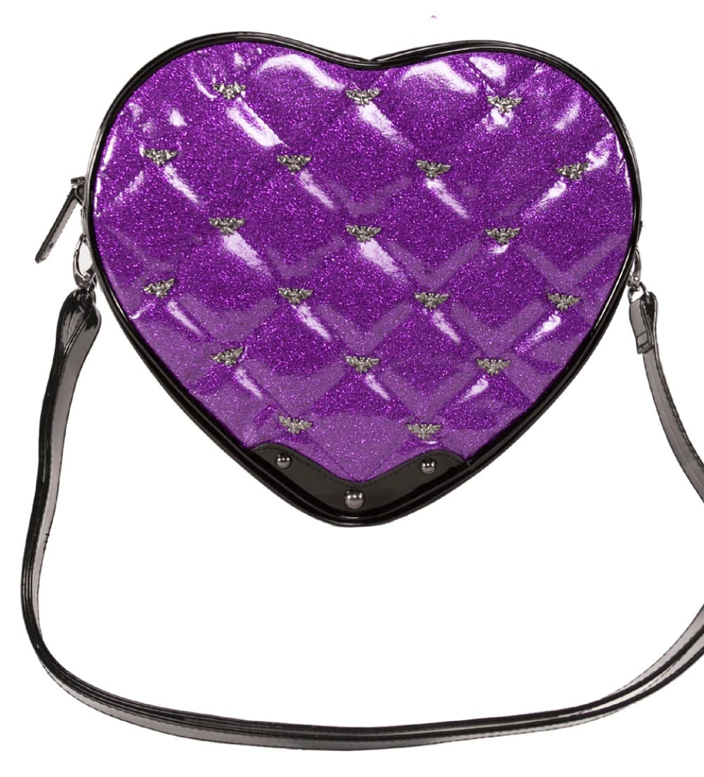 Purple Glitter Quilted Bats Stud Heart Shaped Zip Shoulder Bag