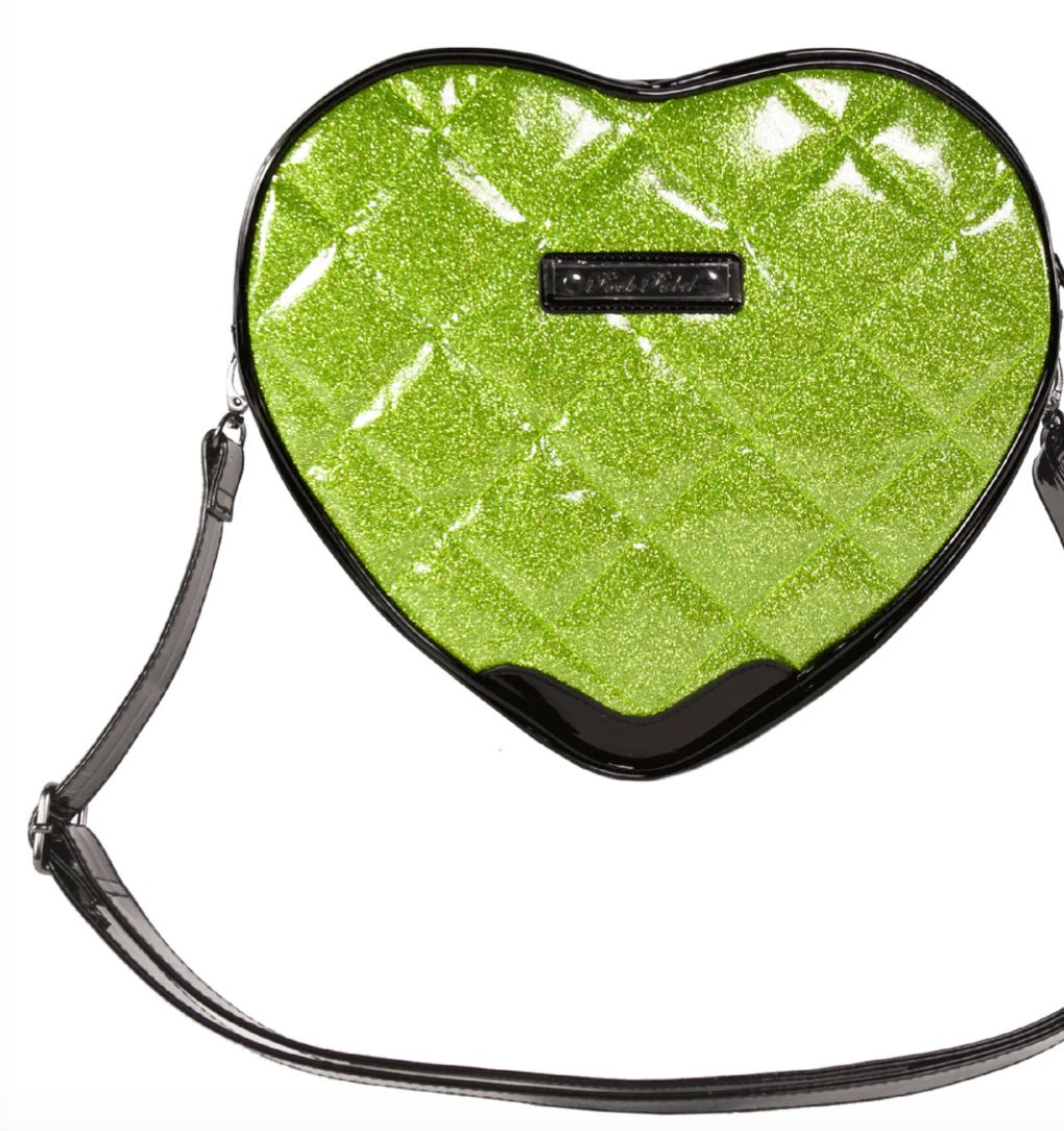 Green Glitter Quilted Frankenstein Stud Heart Shaped Zip Shoulder Bag