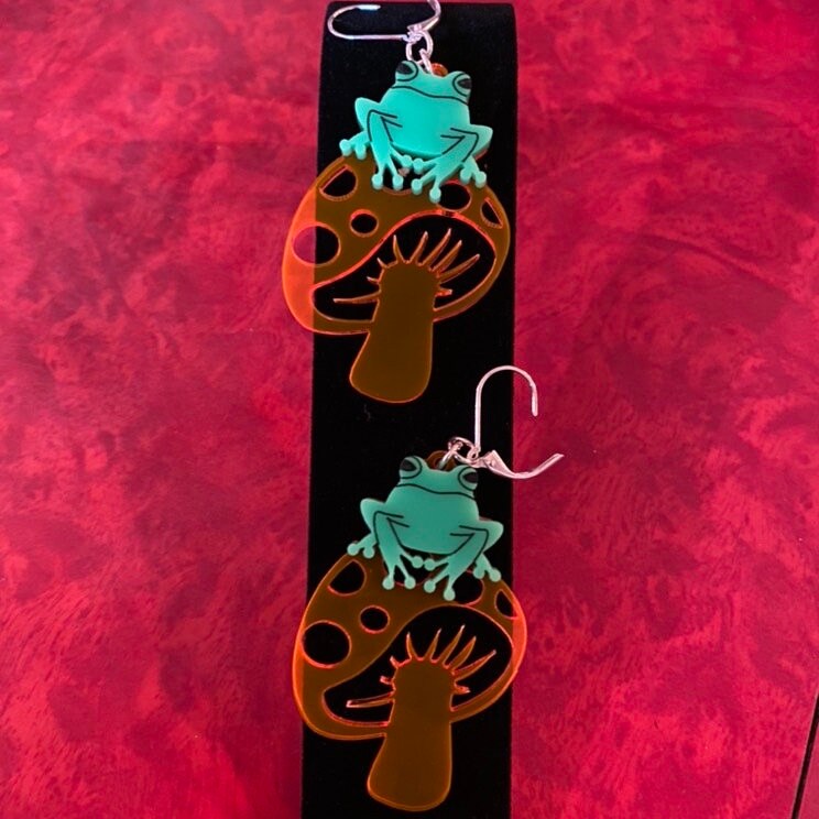 Toad-ally Fun-gi, Frog Muchroom Dangle Drop Earrings, Laser Cut Acrylic