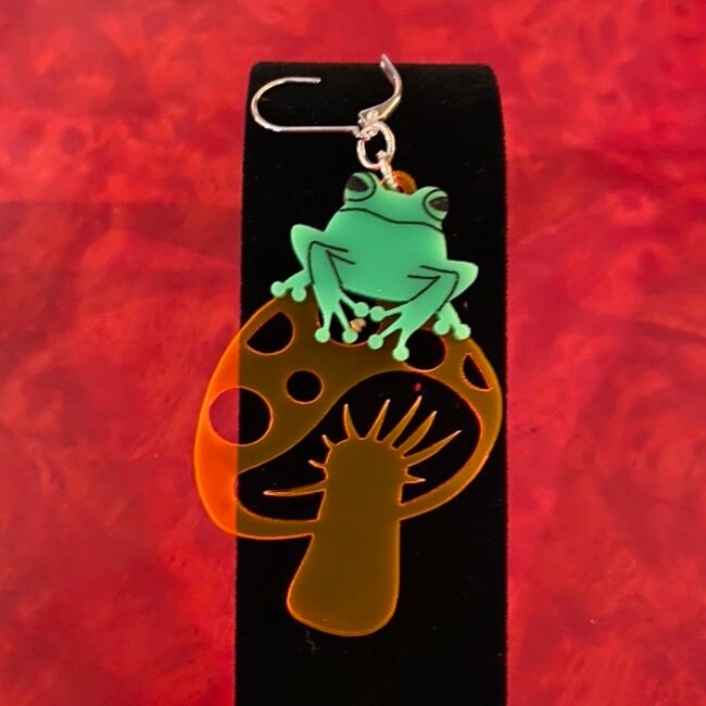 Toad-ally Fun-gi, Frog Muchroom Dangle Drop Earrings, Laser Cut Acrylic