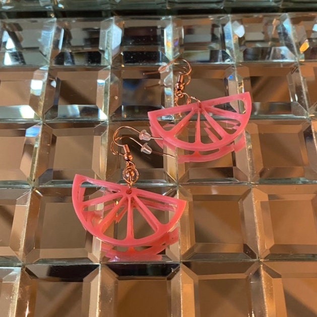 Grapefruit Wedge Citrus Pink Acrylic Dangle Earring