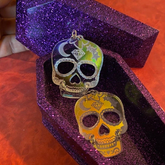 Sugar Skull Skeleton Spooky Halloween Holographic Acrylic Dangle Drop Earrings