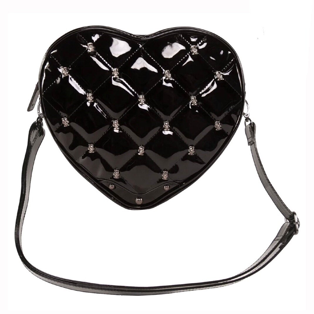 Black Quilted Frakenstein Stud Heart Shaped Zip Shoulder Bag