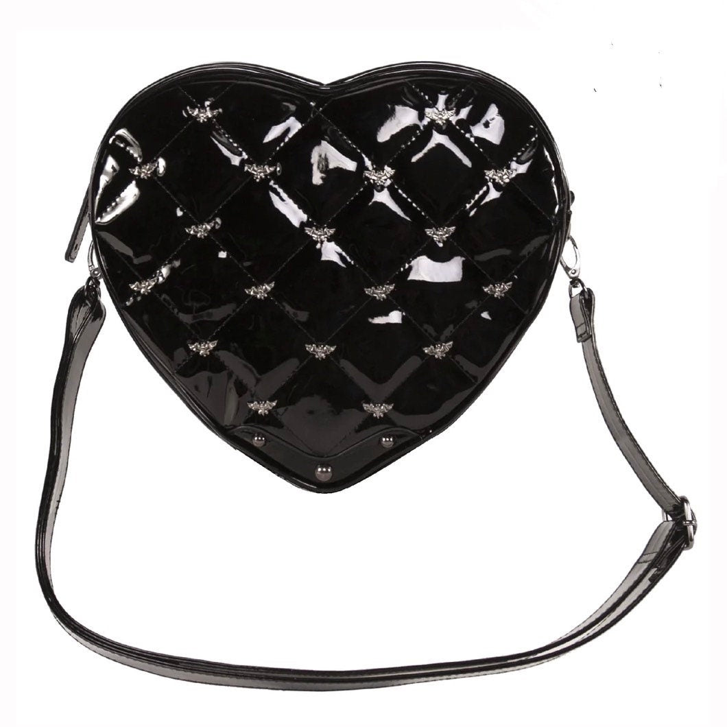 Black Quilted Bats Stud Heart Shaped Zip Shoulder Bag