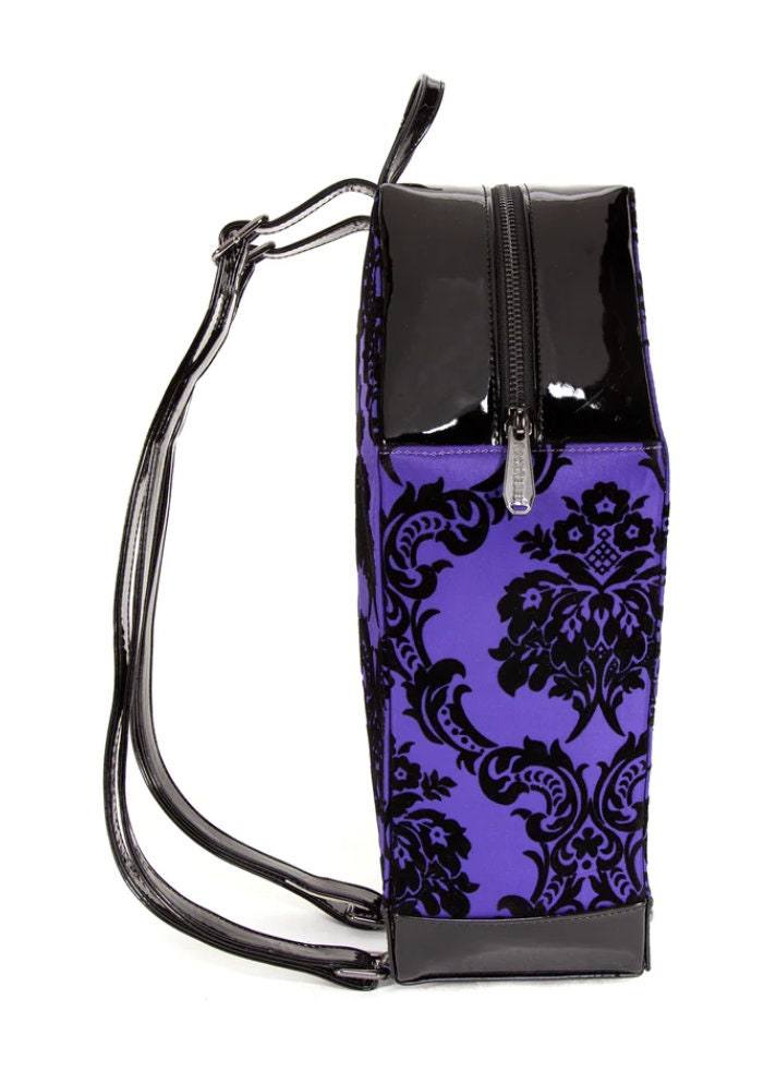 Purple and Black Damask Coffin Backpack