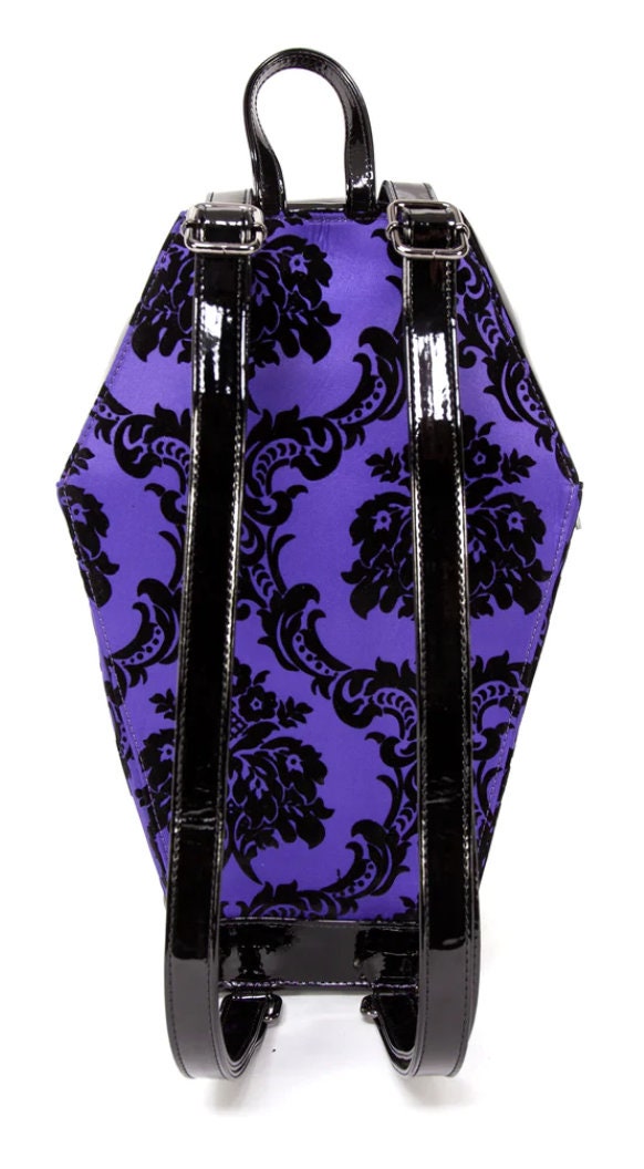 Purple and Black Damask Coffin Backpack