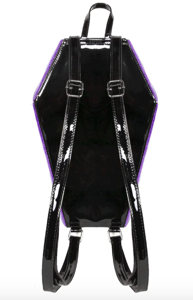 Mina Quilted Glitter Purple Coffin Backpack with Metal Bat Studs