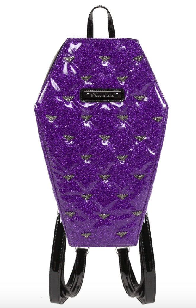 Mina Quilted Glitter Purple Coffin Backpack with Metal Bat Studs