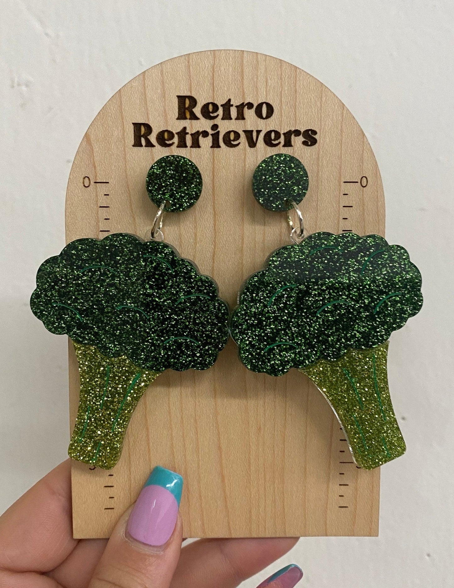 Broccoli Green Glitter Sparkle Dangle Laser Cut Acrylic Earrings