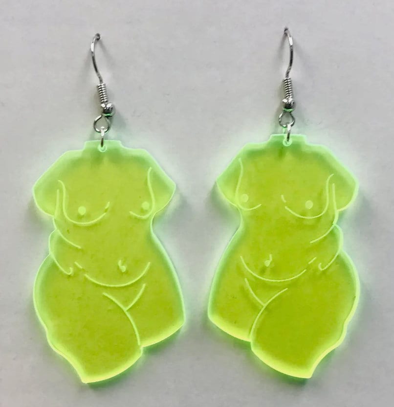 Neon Green Beautiful Natural Naked Woman Acrylic Fish Hook Earrings