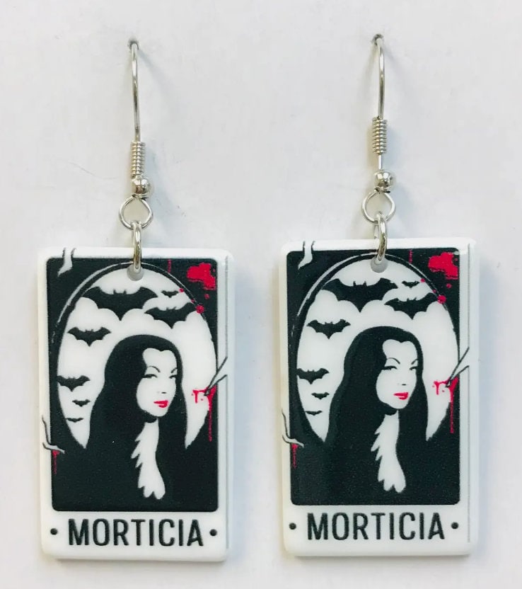 Morticia - Gothic Tarot Card Famous Women in Horror Fish Hook Earrings, Halloween Spooky Accessories