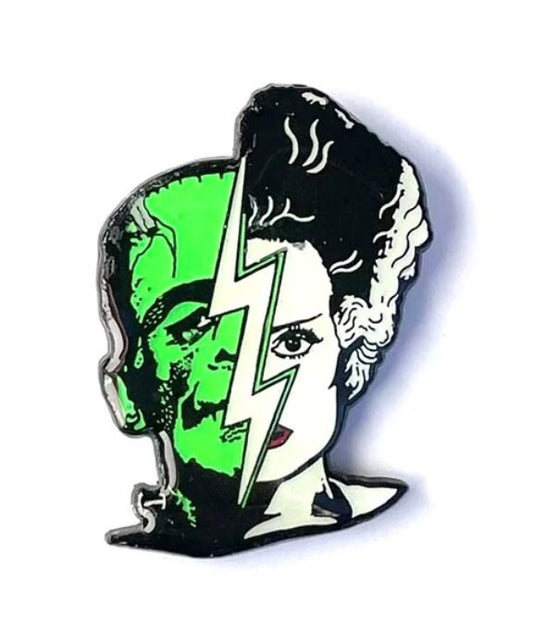 Frankenstein and Bride of Frankenstein Half Face Enamel Pin, Universal Studios Monsters, Glow in the Dark