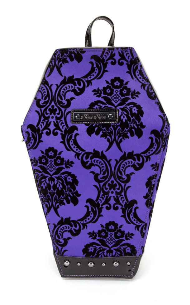 Purple and Black Damask Coffin Backpack