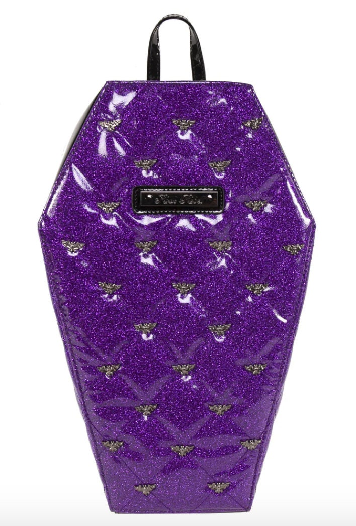 Mina Quilted Glitter Purple Coffin Backpack with Metal Bat Studs