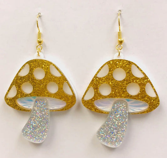 Gold, Silver, and Holographic Glitter Magic Mushrooms Acrylic Fish Hook Earrings