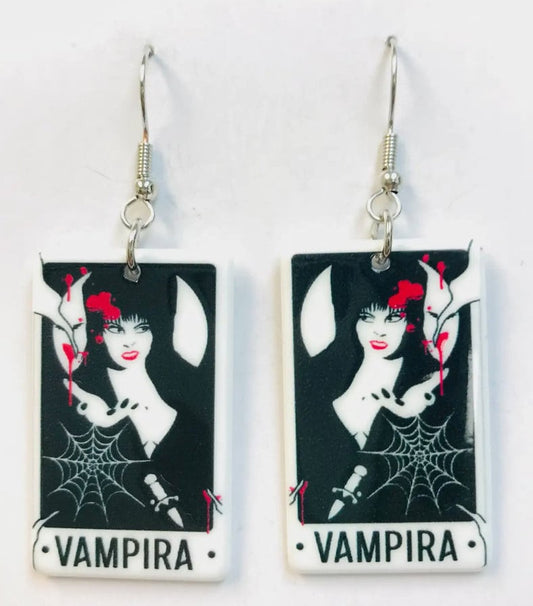 Vampira - Gothic Tarot Card Famous Women in Horror Fish Hook Earrings, Halloween Spooky Accessories